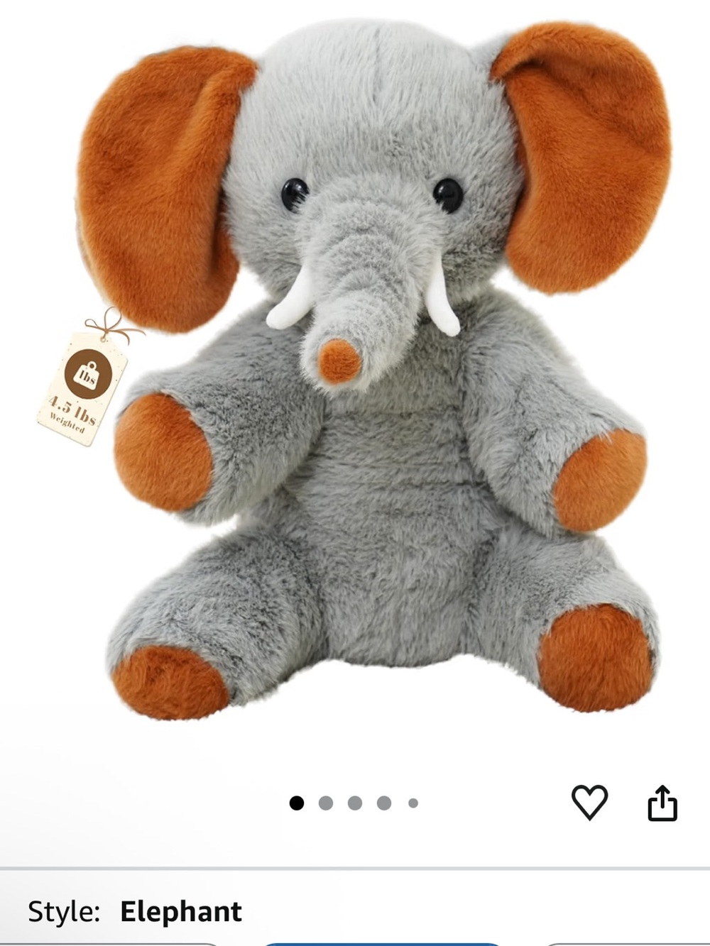Weighted Elephant Plush Toy - Gray with Orange Accents